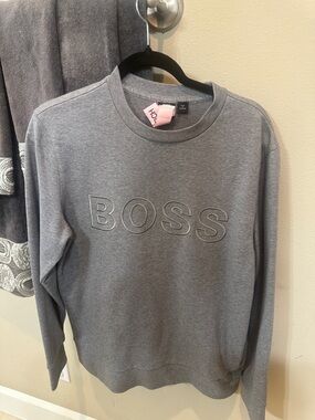Boss Grey Embroidered Logo Crewneck Sweatshirt
